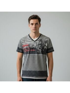 Y2K Vintage Projek Raw Men’s Graphic Striped V-Neck Cotton Tee Size G/L